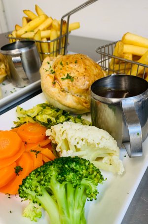 Pie and Chips with Veg one of our three course meals